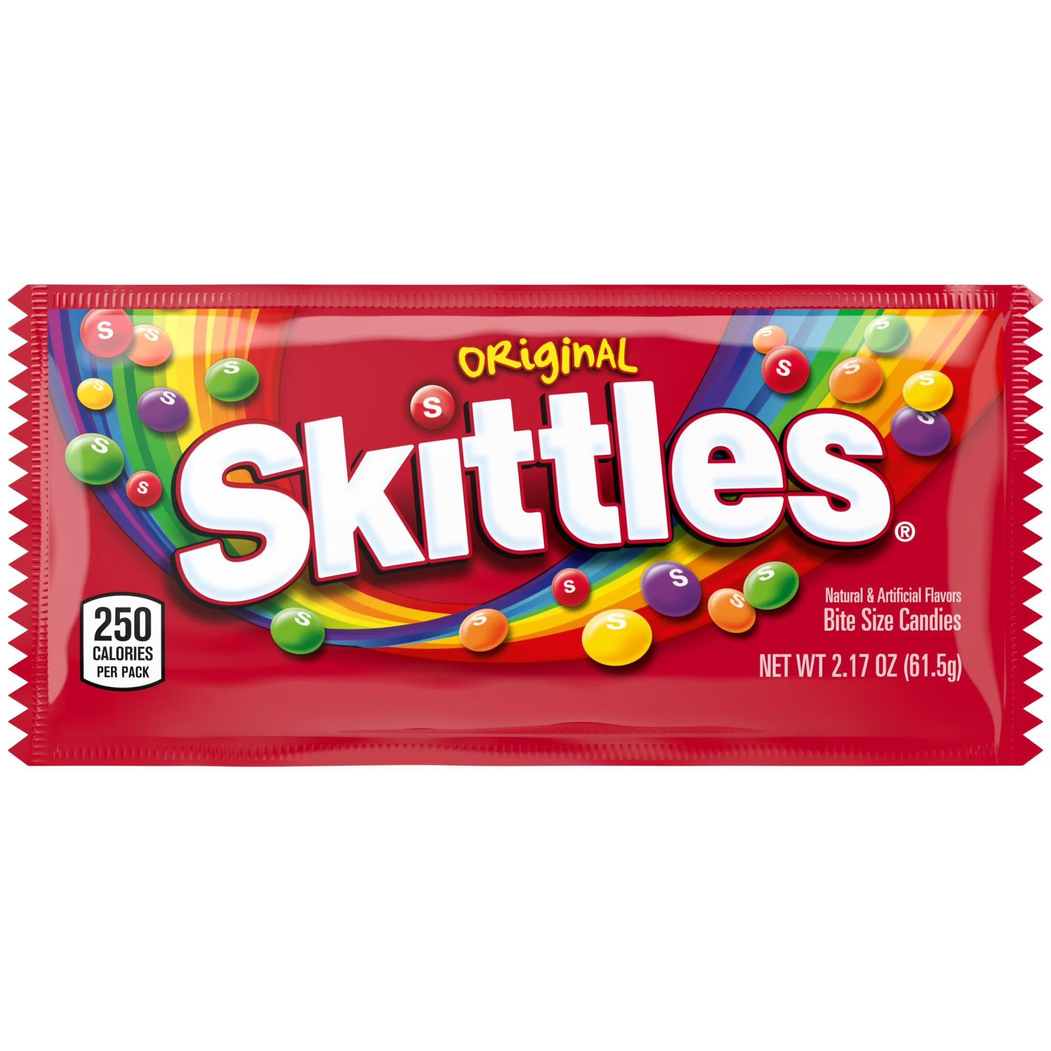 Original Skittles candy packaging with vibrant colors and fruity flavors, perfect for sharing and snacking.