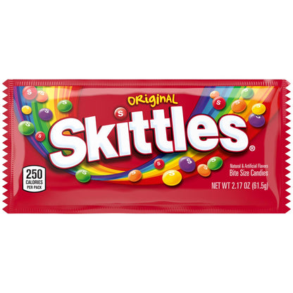 Original Skittles candy packaging with vibrant colors and fruity flavors, perfect for sharing and snacking.