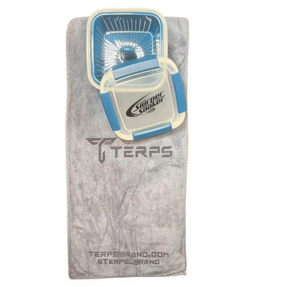 Slurper Soaker Terp Slurper Banger Cleaning Basket shown in blue with cleaning cloth for easy maintenance.