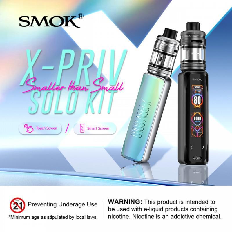 Smok X-PRIV Solo Kit showcasing compact design, dual-screen display, and advanced features for vaping enthusiasts.