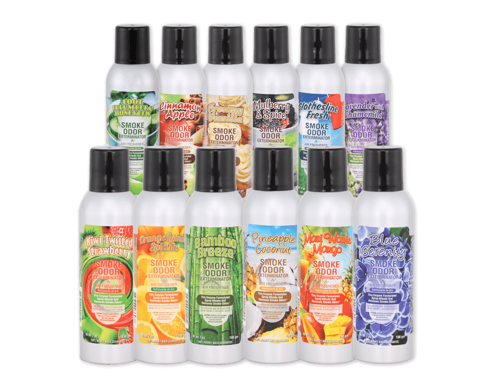 Variety of Smoke Odor Exterminator sprays in 7oz bottles for effective odor elimination at home.