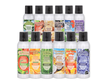 Variety of Smoke Odor Exterminator sprays in 7oz bottles for effective odor elimination at home.