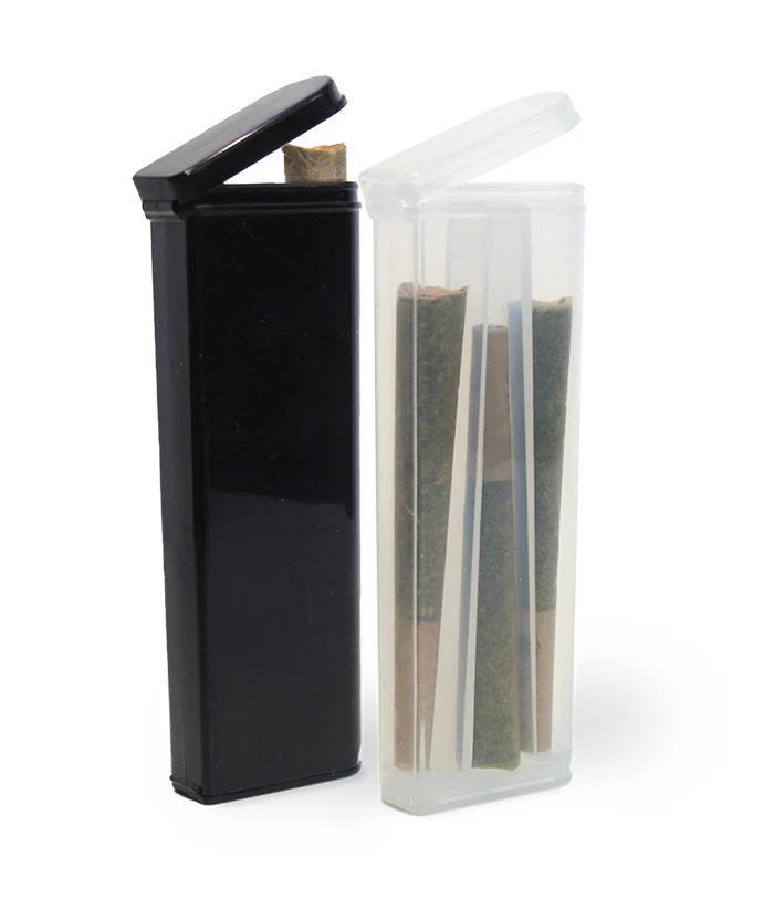 Smosi MBOX3 compact triple-storage pre-roll case in black and clear featuring king-size cones.