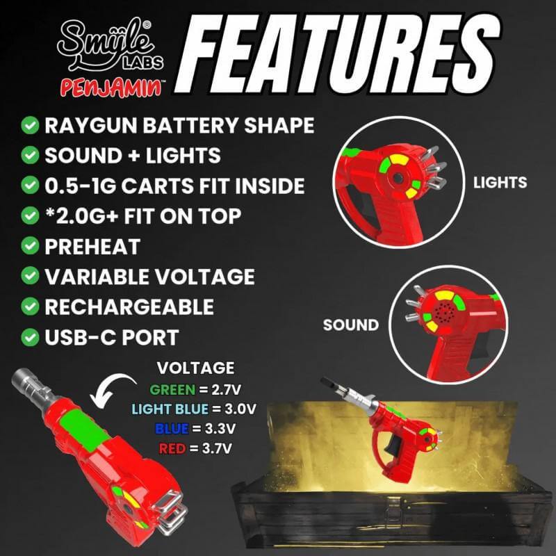 Smyle Penjamin RayGun 510 Battery features LED lights, sound effects, and variable voltage for enhanced vaping experience.
