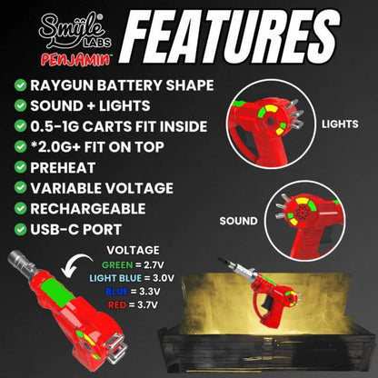 Smyle Penjamin RayGun 510 Battery features LED lights, sound effects, and variable voltage for enhanced vaping experience.