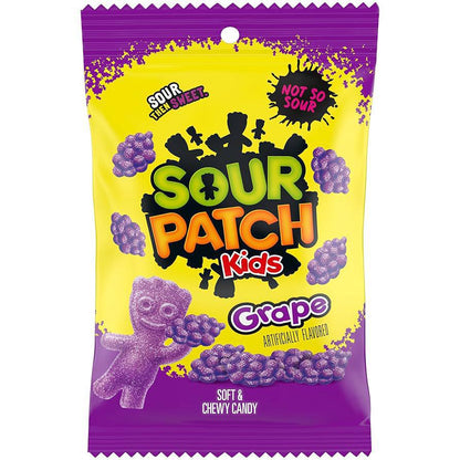 Sour Patch Kids Grape flavor gummies package featuring soft and chewy candy shaped like grapes.