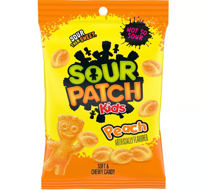 Sour Patch Kids Peach flavored fruit-shaped gummies in a soft and chewy candy bag.