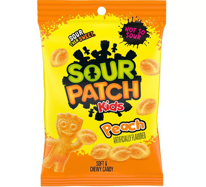 Sour Patch Kids Peach flavored fruit-shaped gummies in a soft and chewy candy bag.
