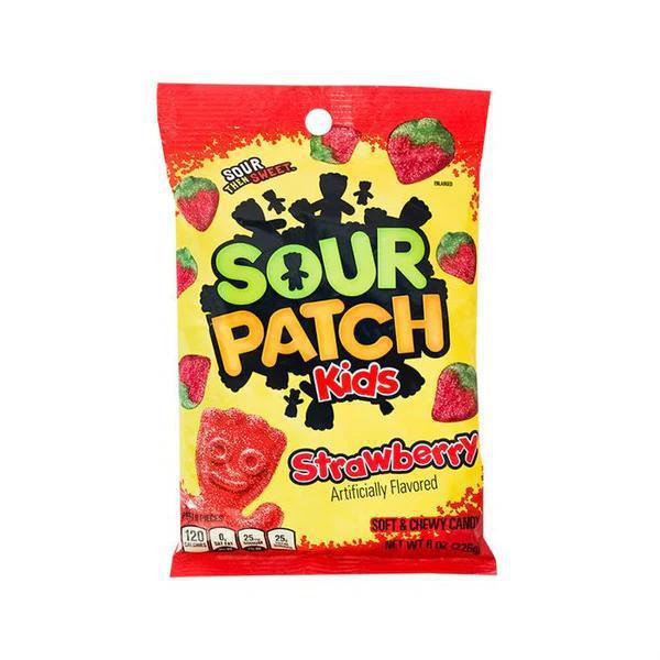 Sour Patch Kids Strawberry flavored gummies packaging featuring sweet and sour candy.