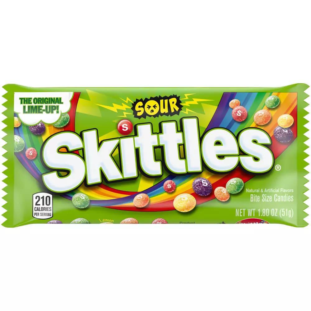 Skittles Sour candy packaging featuring vibrant colors and bold fruity flavors, perfect for snacking.
