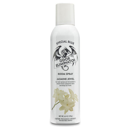 Special Blue Odor Eliminator Room Spray bottle with Jasmine Jewel scent for freshening rooms.