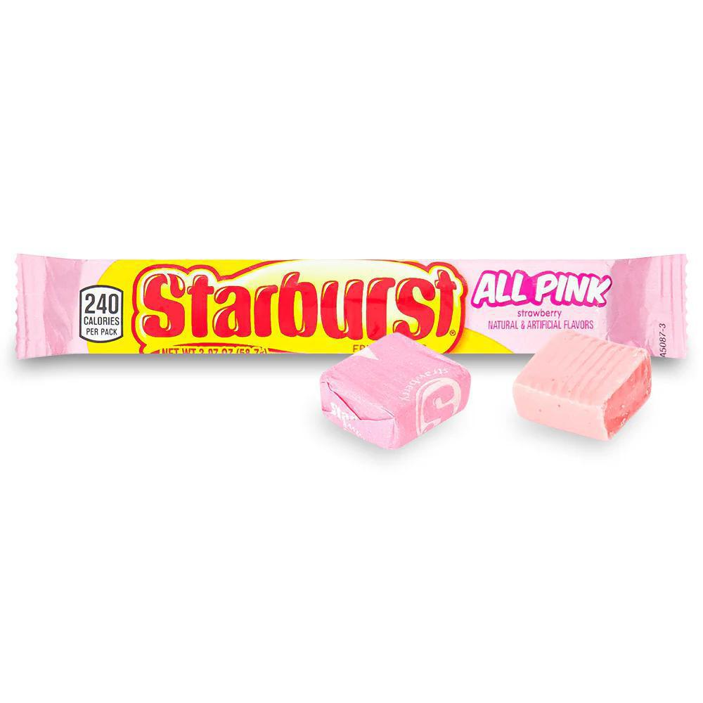 Starburst Fruit Chews All Pink strawberry flavor chewy candies in a colorful wrapper with pieces on display.