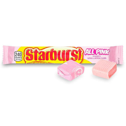 Starburst Fruit Chews All Pink strawberry flavor chewy candies in a colorful wrapper with pieces on display.