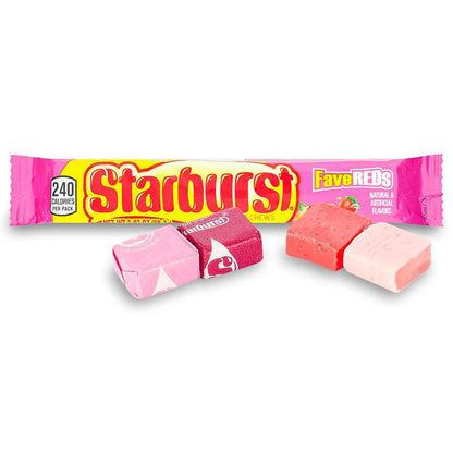 Starburst Fruit Chews FaveREDS pack with chewy candies showcasing vibrant flavors and juicy taste.