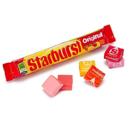 Starburst Fruit Chews package with individual fruit chews, vibrant and chewy candies bursting with flavor.