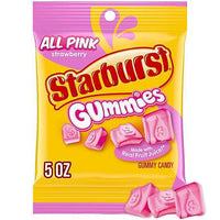 Starburst Gummies All Pink strawberry flavor in a 5oz bag, fruity gummy candy made with real fruit juice.