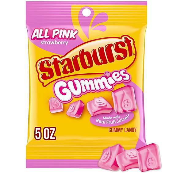 Starburst Gummies All Pink strawberry flavor in a 5oz bag, fruity gummy candy made with real fruit juice.