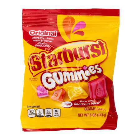 Starburst Gummies Original 5oz bag featuring fruity candy in bold colors and flavors, perfect for snacking and sharing.