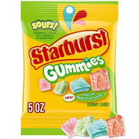 Starburst Gummies - Sour packaging featuring strawberry, cherry, blue raspberry, and watermelon flavors in 5 oz size.