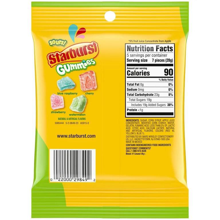 Starburst Gummies - Sour packaging with nutrition facts and colorful chewy candies in blue raspberry, cherry, strawberry, and lemon.