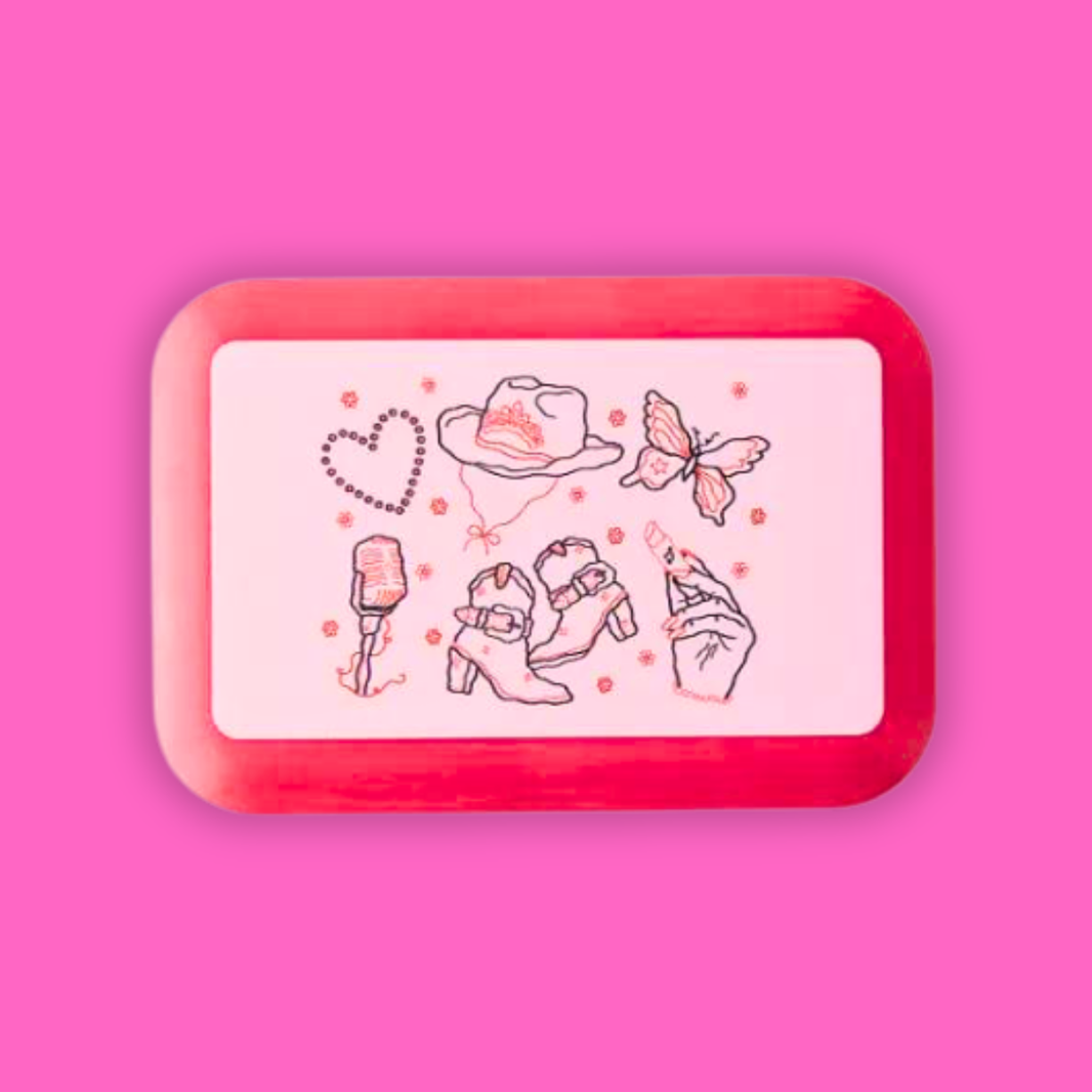 A Shop Of Things Mini Stash Box - Dolly design with shoes, a butterfly, and a heart, perfect for organizing small items.