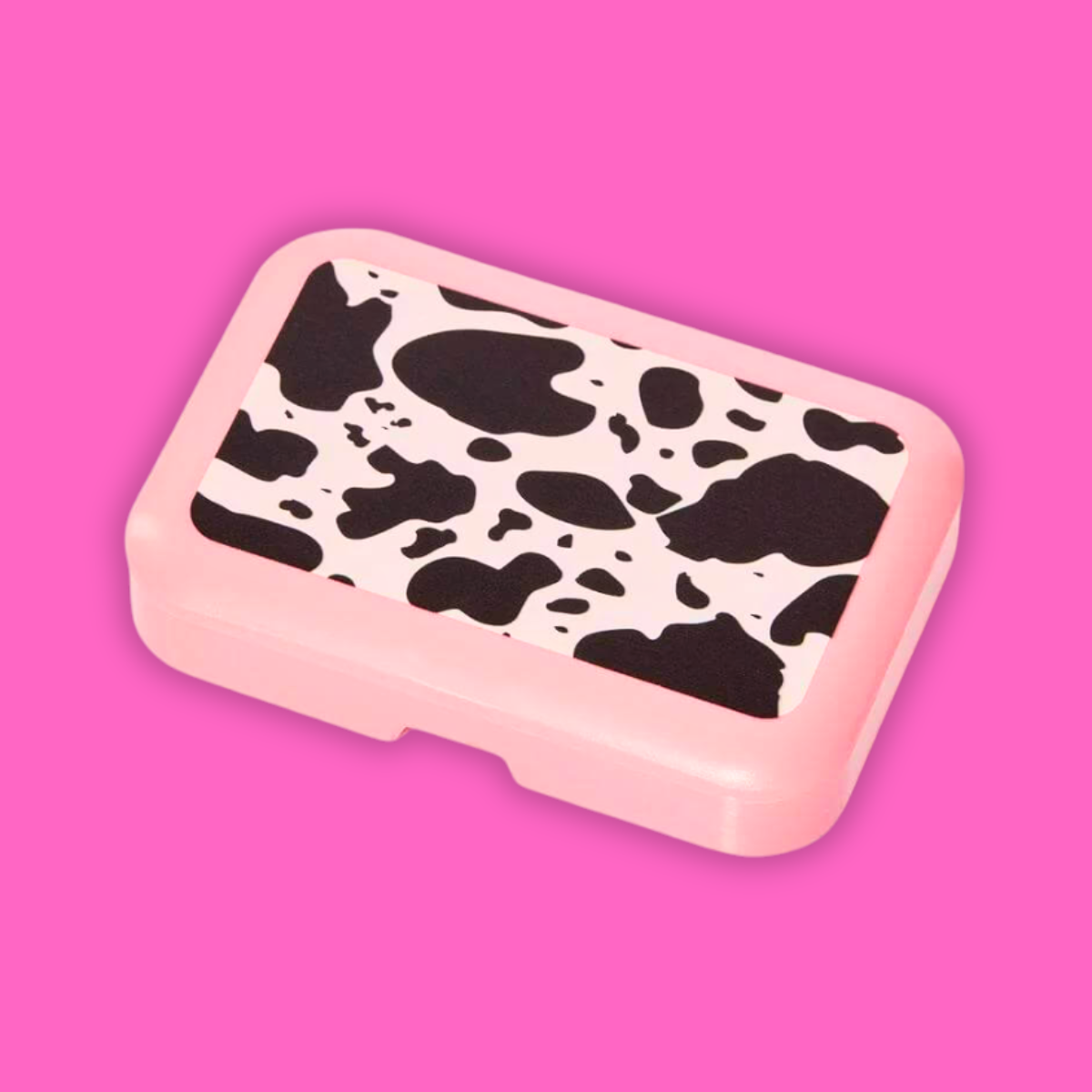 A Shop Of Things Mini Stash Box - Moo in cow print design on a pink background.