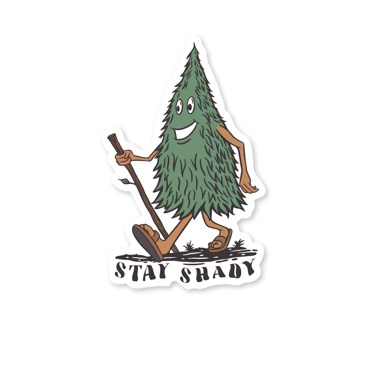 Stay Shady | Magnet featuring a fun tree character walking with a shovel.