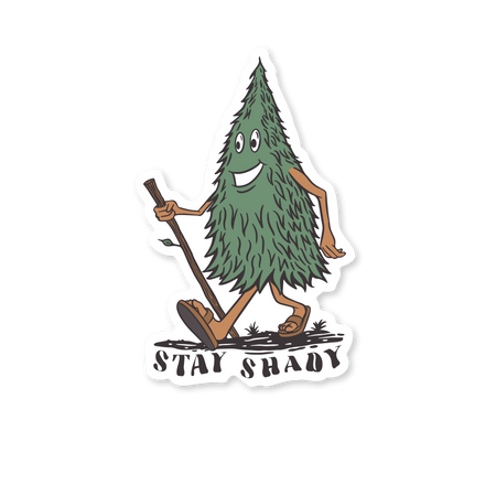 Stay Shady | Magnet featuring a fun tree character walking with a shovel.