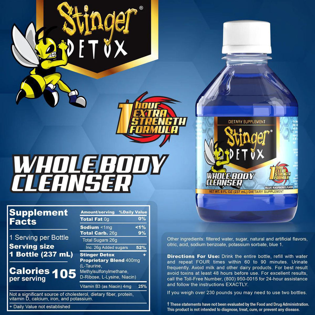 Stinger Detox 1 Hour Extra Strength Formula bottle, a whole body cleanser for detoxification and wellness.