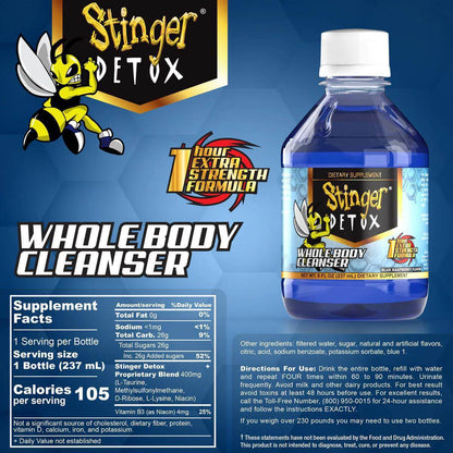 Stinger Detox 1 Hour Extra Strength Formula bottle, a whole body cleanser for detoxification and wellness.
