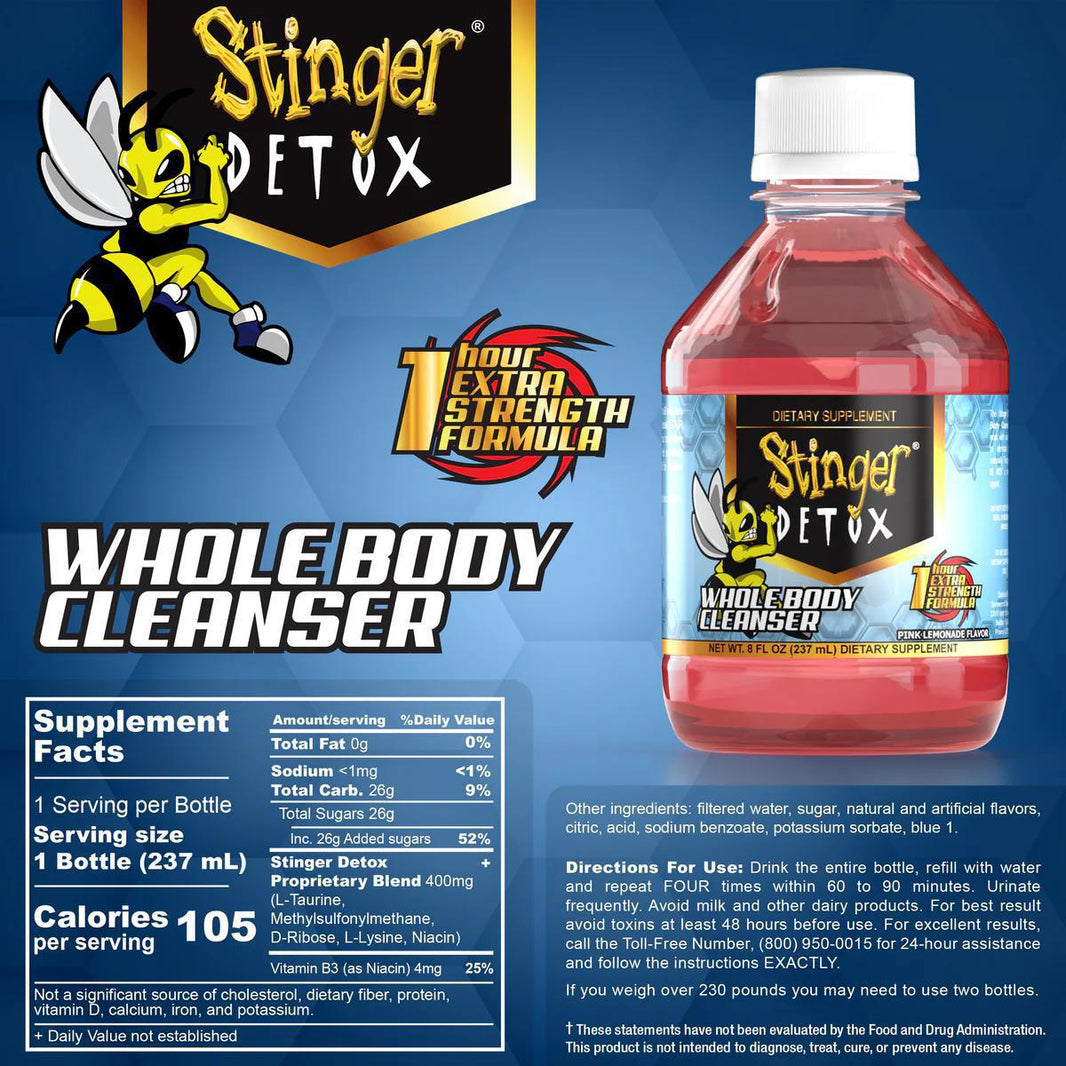 Stinger Detox 1 Hour Extra Strength Formula Whole Body Cleanser bottle with supplement facts and design.