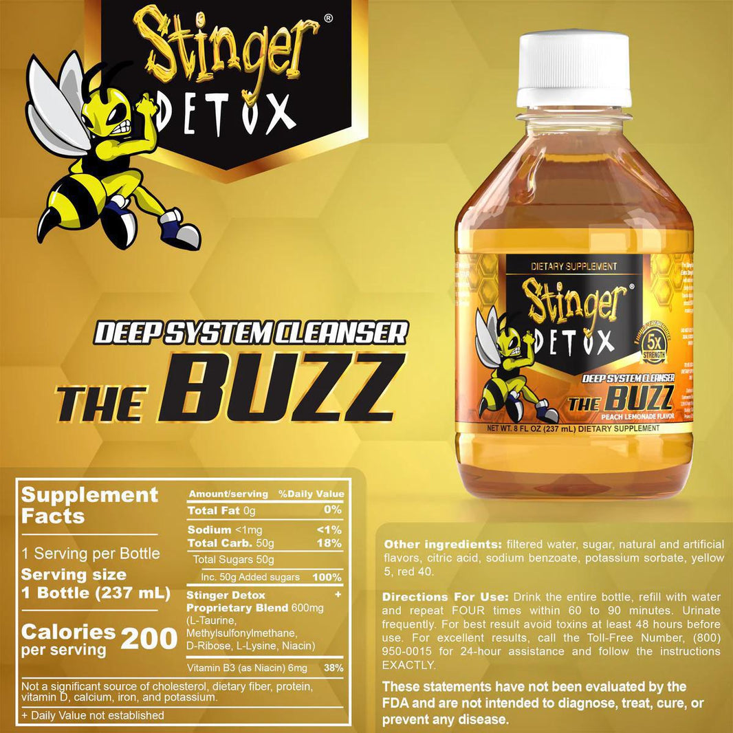 Stinger Detox 5X Strength deep system cleanser drink bottle with natural detox ingredients and supplement information.