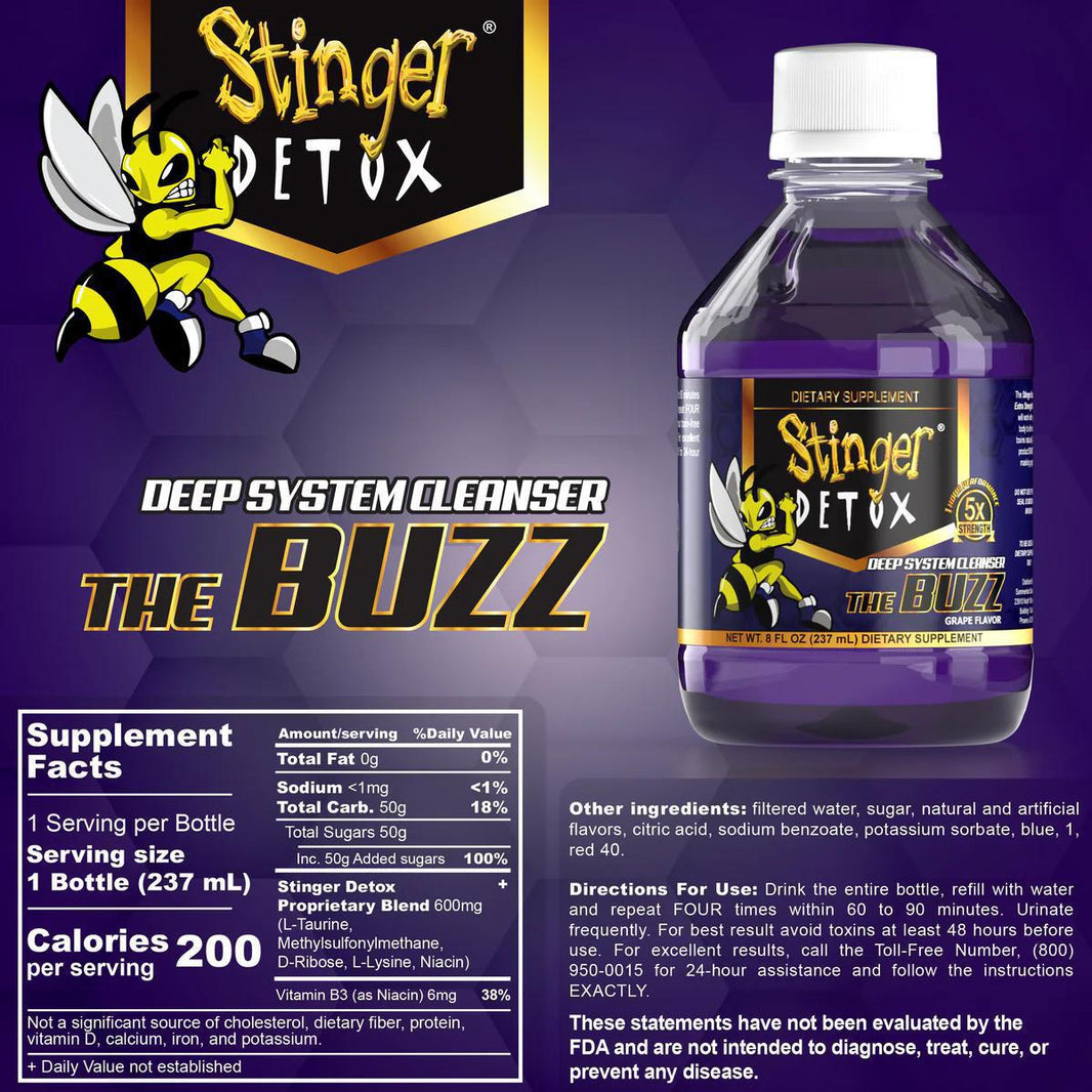 Stinger Detox 5X Strength Whole Body Cleanser drink bottle with supplement facts and branding information.