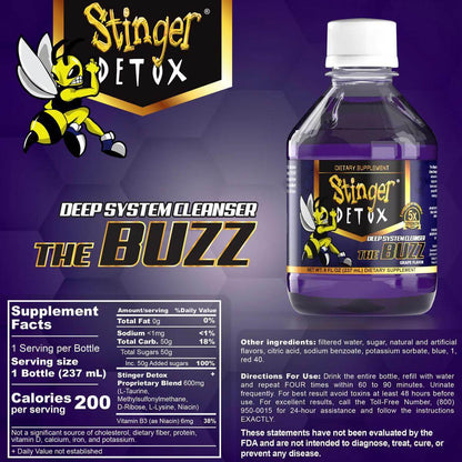Stinger Detox 5X Strength Whole Body Cleanser drink bottle with supplement facts and branding information.
