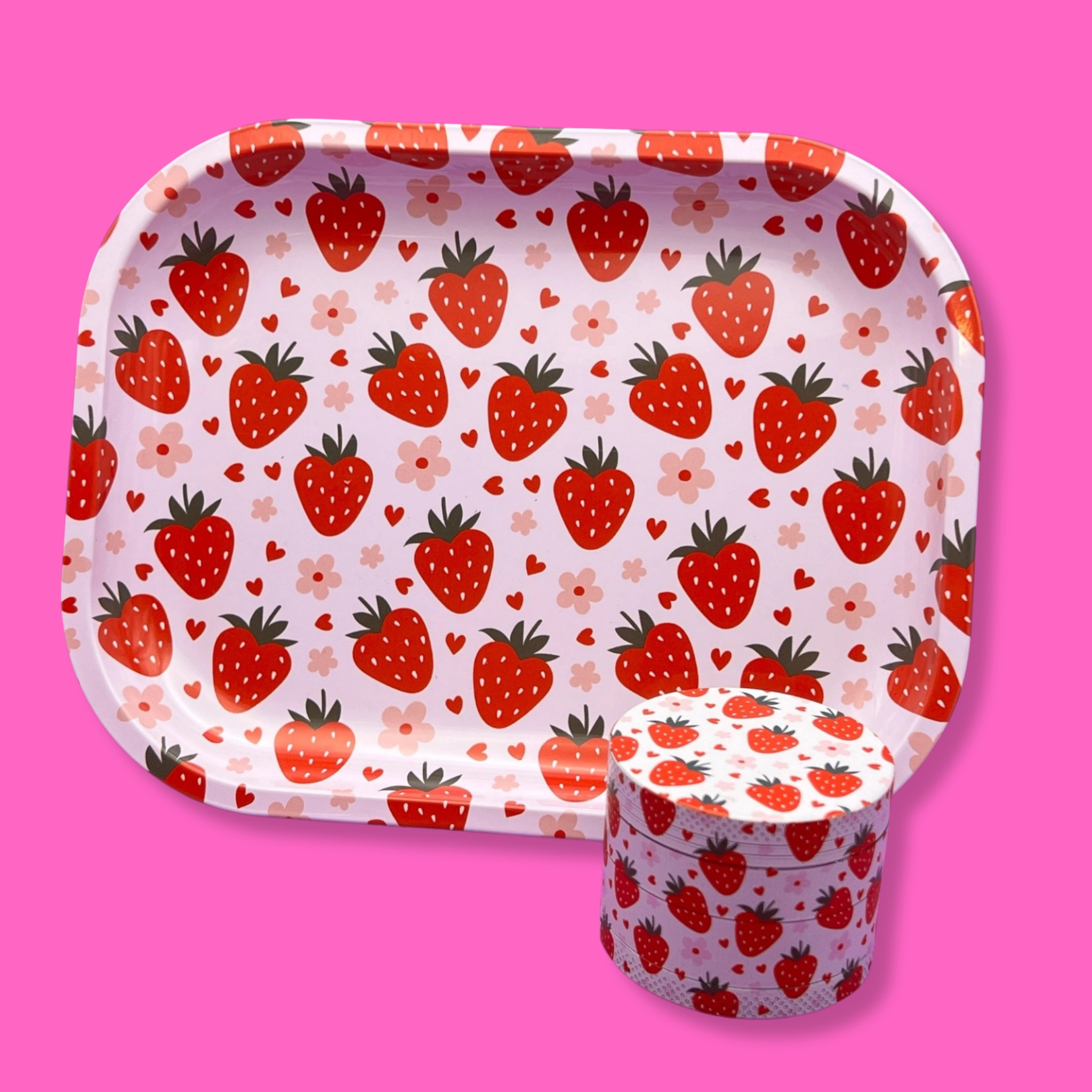 Coming Soon: Strawberry Rolling Tray & Grinder Set featuring a vibrant strawberry design for a playful smoke setup.