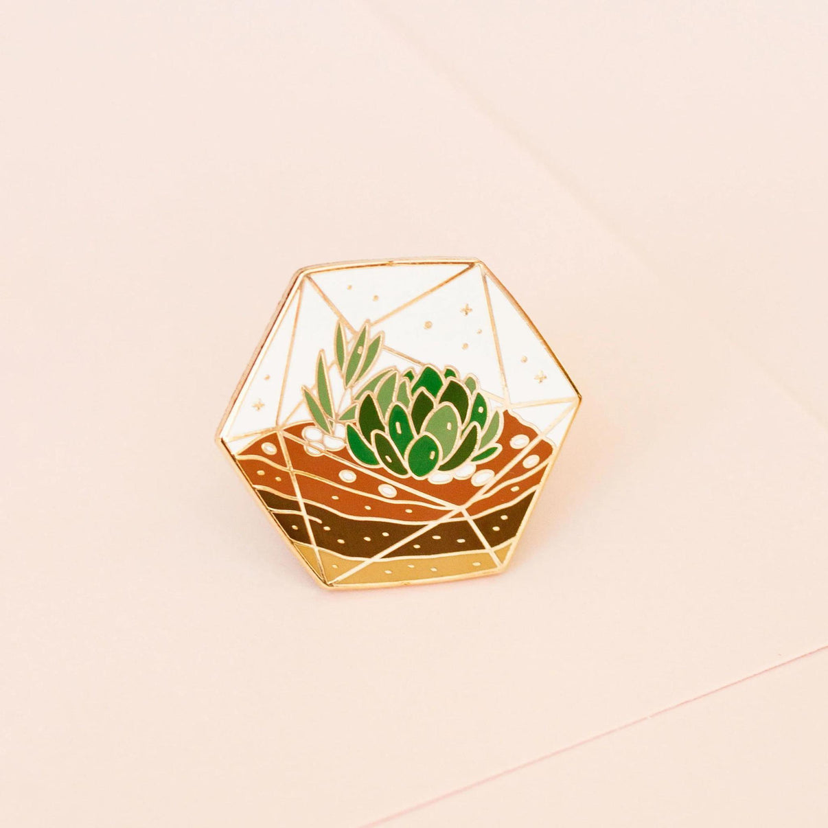 Occasionalish Enamel Pin - Succulent Terrarium featuring a colorful succulent arrangement in a faceted glass terrarium.