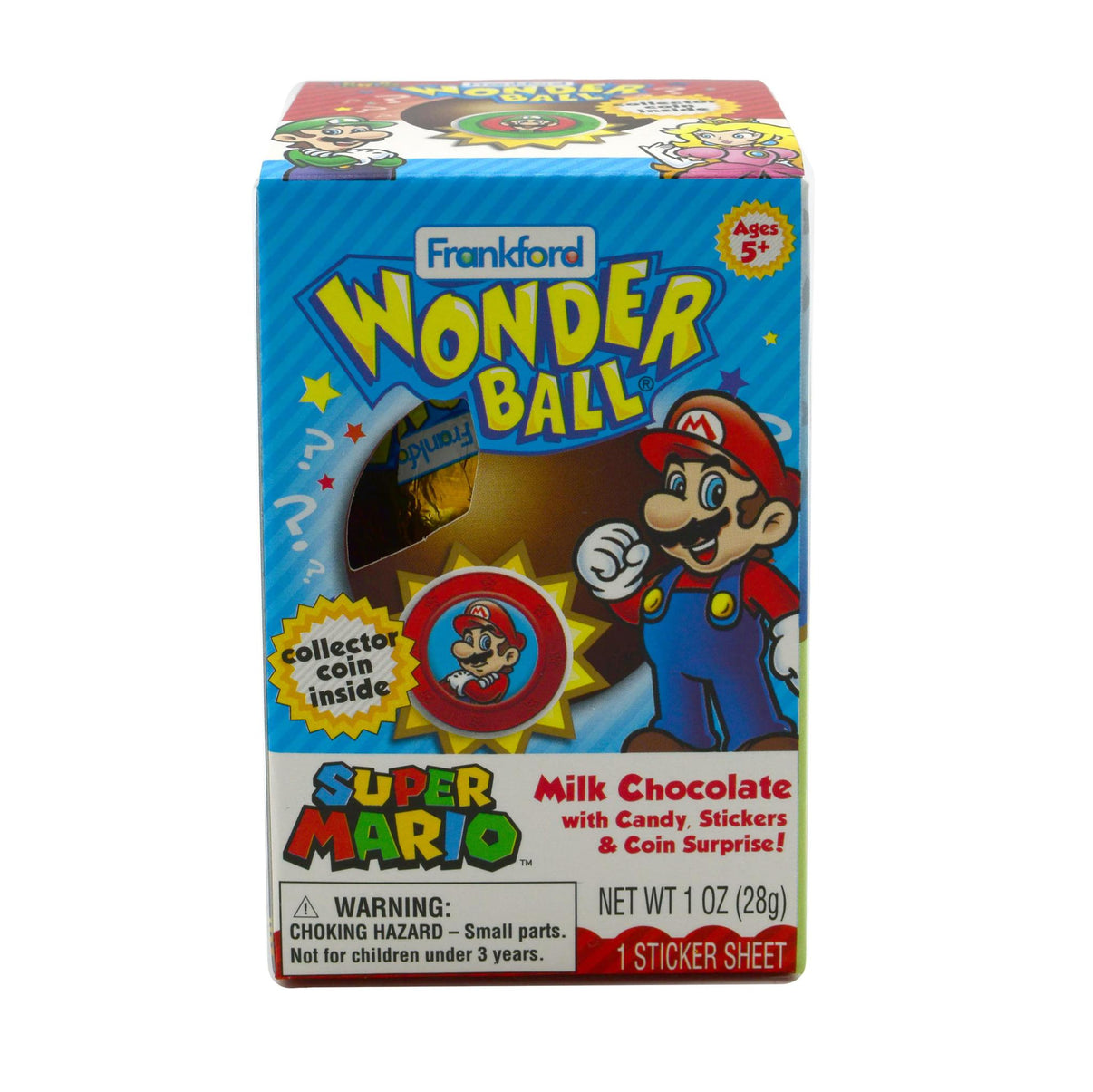 Super Mario Wonder Ball packaging featuring milk chocolate, candy, stickers, and a collectible surprise.