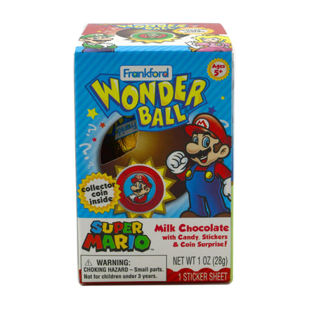 Super Mario Wonder Ball packaging featuring milk chocolate, candy, stickers, and a collectible surprise.