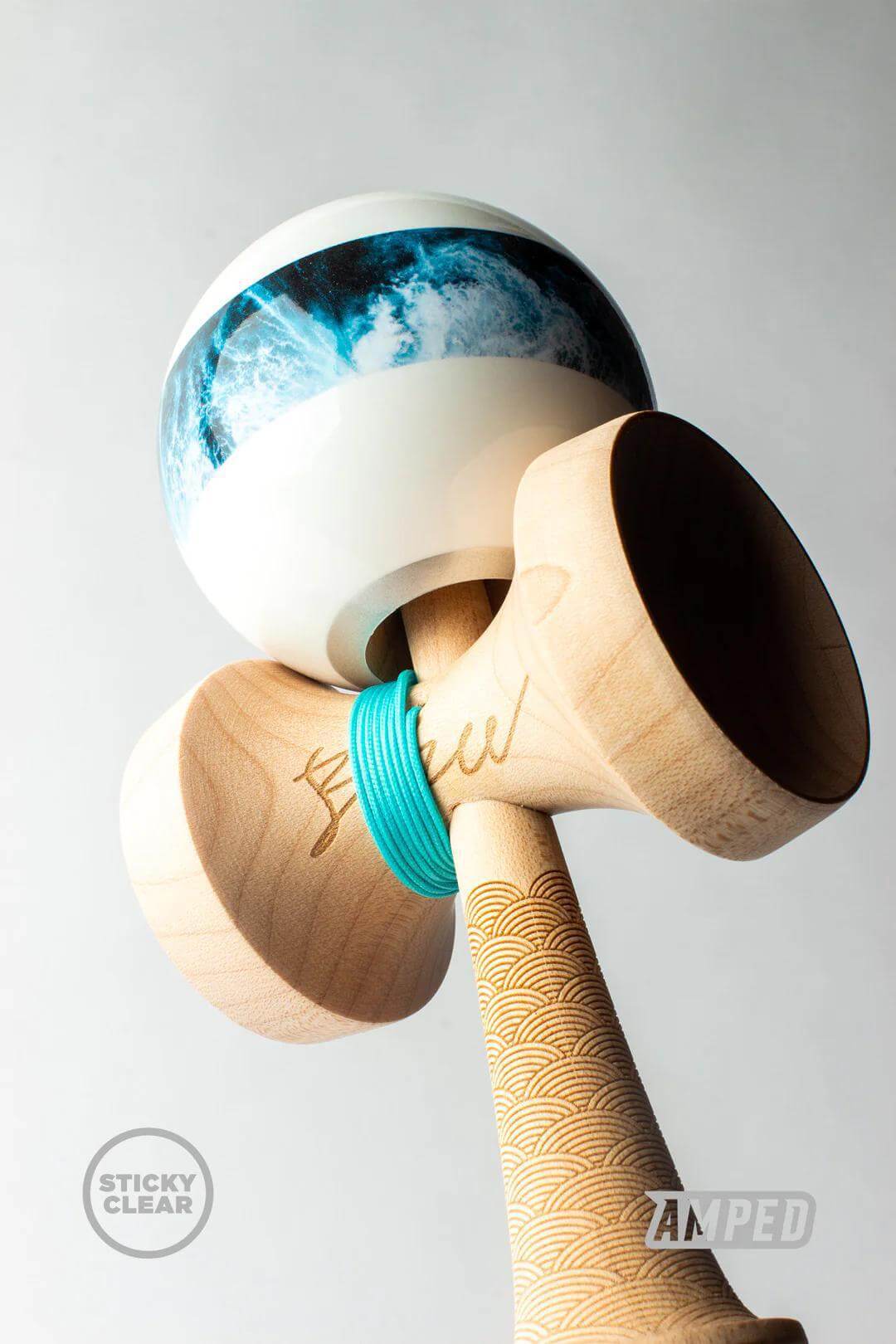 Sweets Kendama Bryson Lee Pro Model with KEN Amped Shape, maple wood and blue cushion clear design.