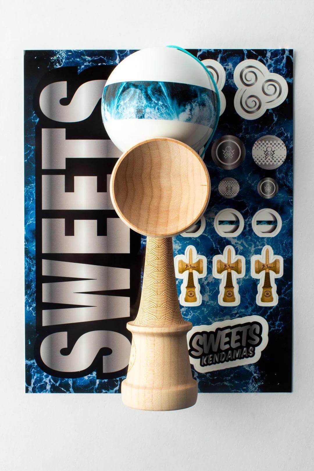 Sweets Kendama Bryson Lee Cushion Clear with stickers, showcasing the distinctive design and maple balance bevel.
