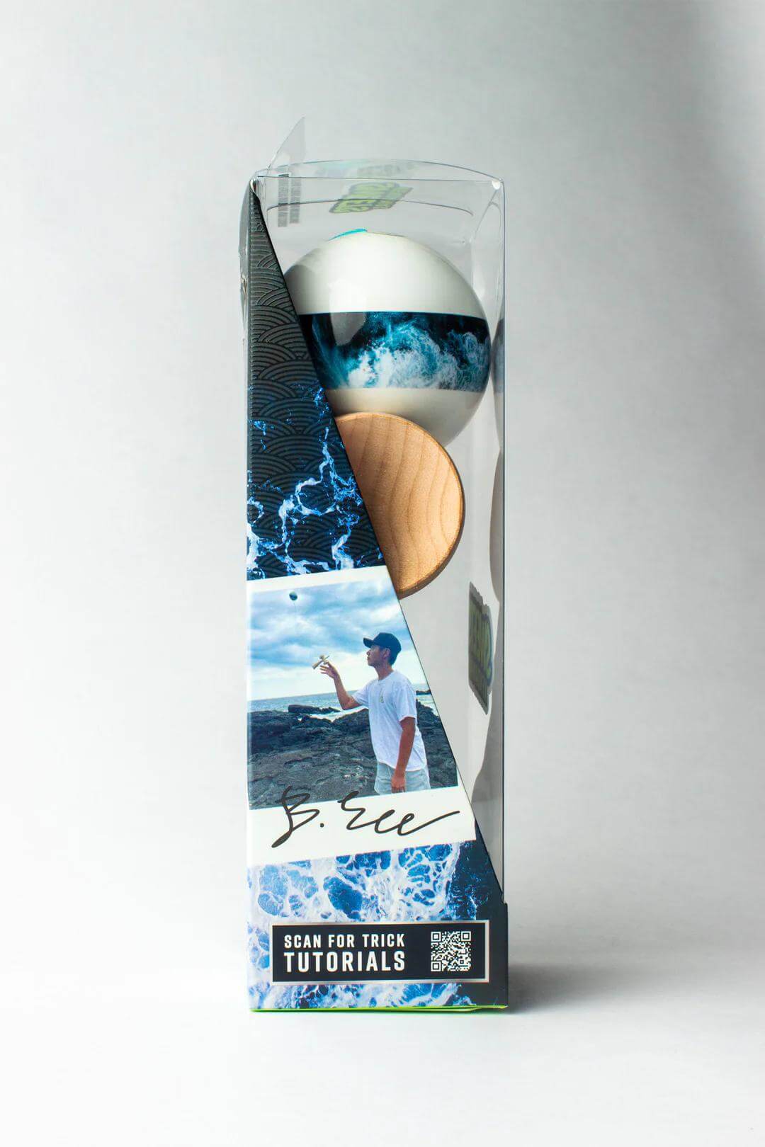 Sweets Kendama Bryson Lee Pro Model packaging showcasing beach design and trick tutorial QR code.