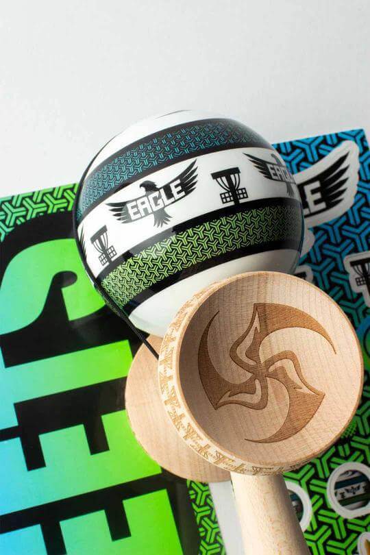 Sweets Kendama Eagle McMahon Amped, featuring unique design and engraved KEN Amped shape for enhanced performance.