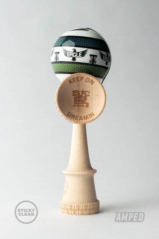 Sweets Kendama Eagle McMahon Amped with engraved base cup, showcasing Kendama's connection to Disc Golf.