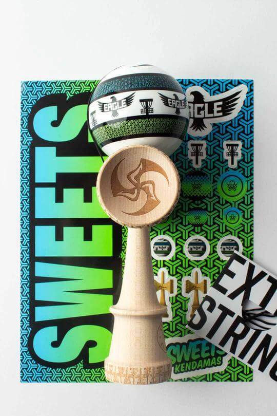Sweets Kendama Eagle McMahon Amped with maple balance bevel and disc golf theme packaging.