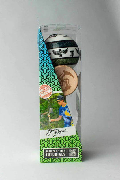 Sweets Kendama Eagle McMahon Amped edition in box with trick tutorial QR code and signature display.