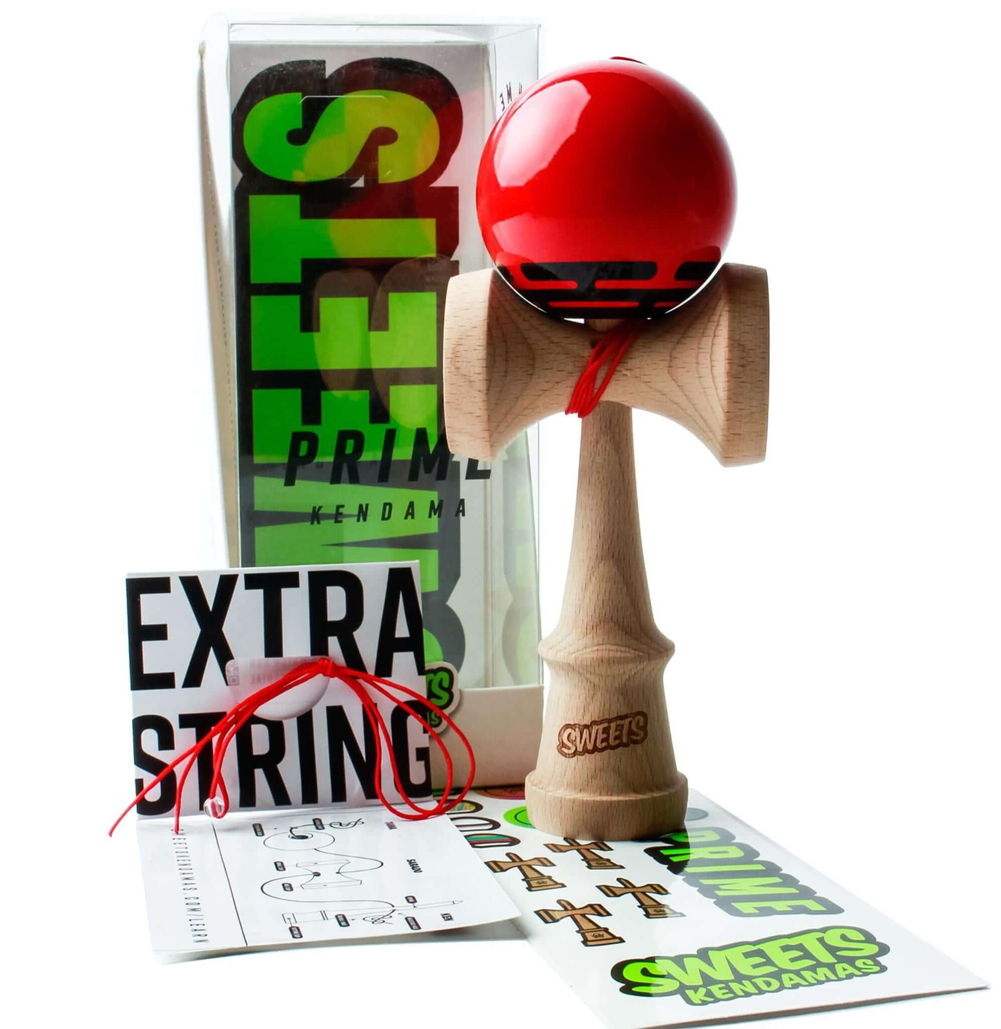 Sweets Kendama Radar Sticky Clear with red tama, BOOST ken, and accessories including extra string and stickers.