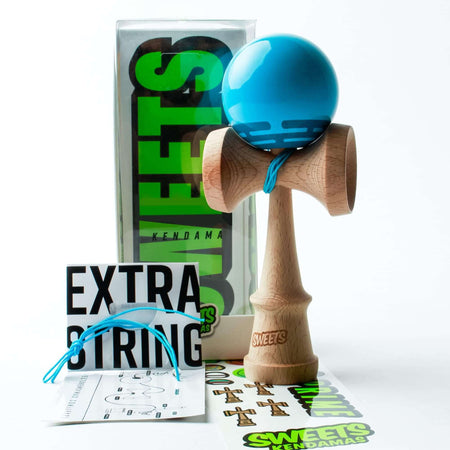 Sweets Kendama Radar Sticky Clear with blue tama, BOOST ken shape, extra string and stickers for kendama enthusiasts.