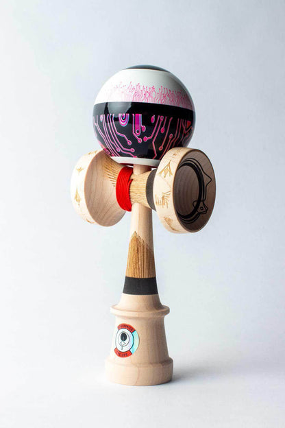 Sweets Kendama Subtronics V2 Amped with vibrant Antifractals design and red accents for enhanced playability.