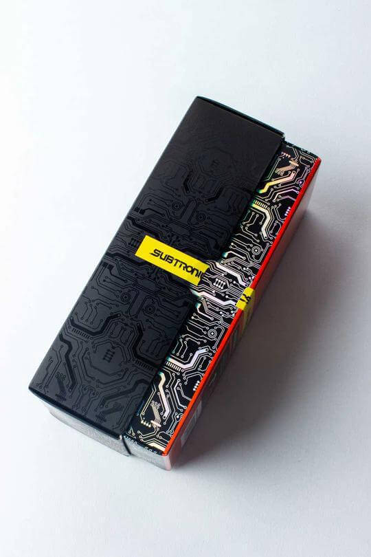 Subtronics V2 Kendama packaging design featuring unique circuit patterns and branding elements.