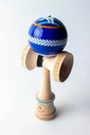 Sweets Kendama with blue and yellow design, featuring maple wood and intricate engravings for balanced play.